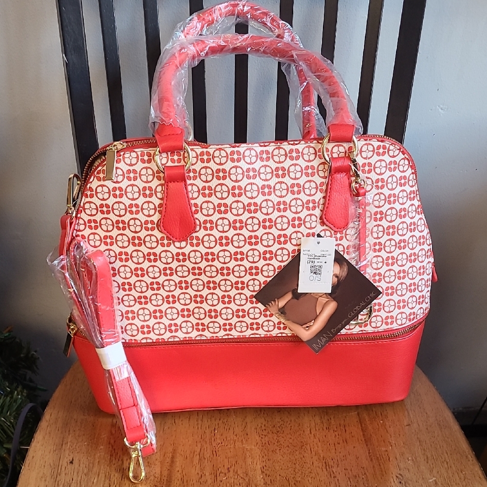 NEW Iman red/white 15" domed stacked purse Global Chic logo print satchel